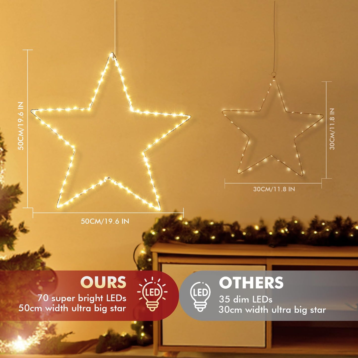 Marchpower Christmas Window Star Silhouette Lights, 19inch 70LED 2 Pack Large Star Lighted Xmas Decoration Battery Operated Twinkle Stars Light Outdoor Timer Lights Wedding Party Home Décor-Warm White