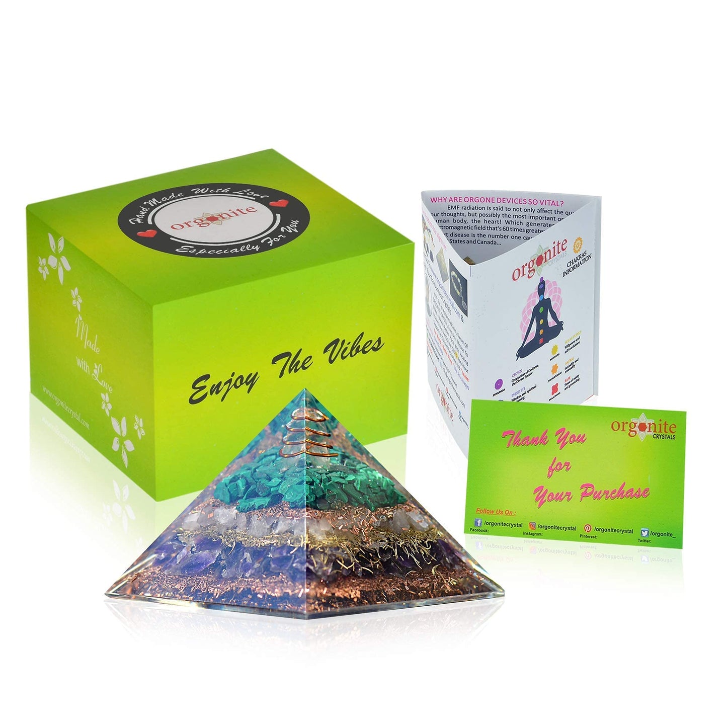 Orgonite Crystal Orgone Pyramid with Rose Quartz, Amethyst, and Malachite – Decorative Gemstone Pyramid for Meditation, Yoga, Gifting, Home or Office Décor