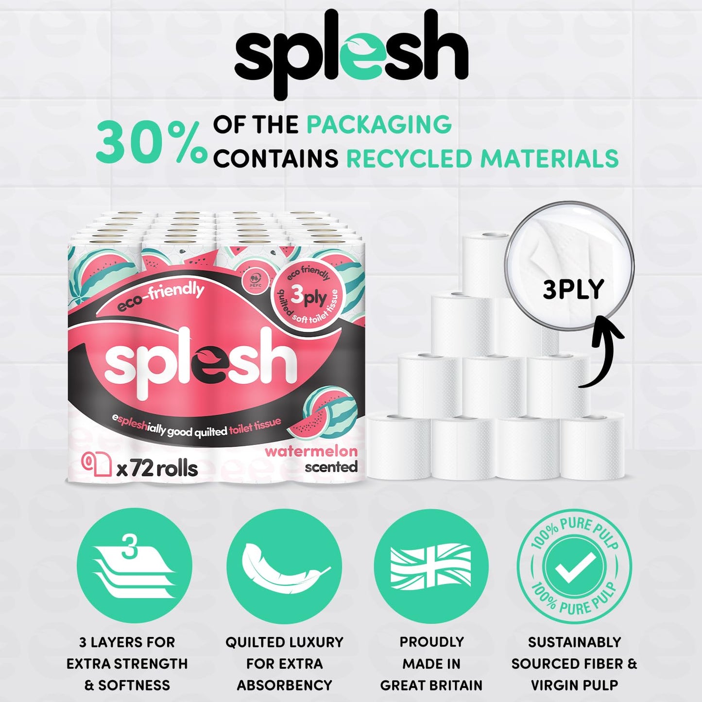 Splesh by Cusheen 3-ply Toilet Roll - Watermelon Fragrance (72 Pack) Soft, Quilted Bulk Toilet Rolls, Toilet Tissue and Loo Rolls – Eco-Friendly Toilet Paper Sustainably Crafted in The UK