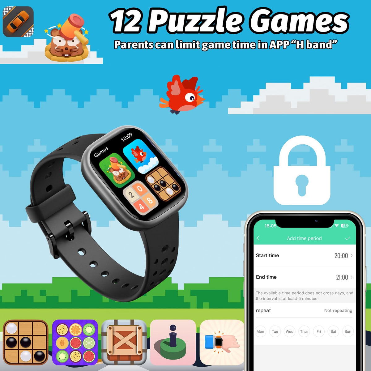 Heroange Kids Smart Watch for Girls Boys,IP68 Waterproof Kids Fitness Tracker Watch with 1.83" Face,Heart Rate Sleep Monitor,19 Sport Modes,Puzzle Games with APP,Great Gifts for Teens 6+ (Black)