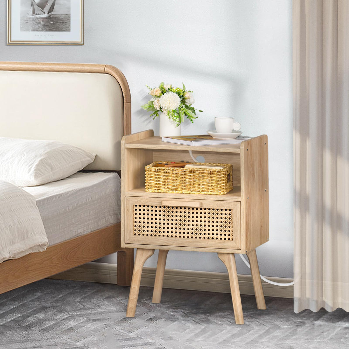 Lerliuo Rattan Nightstand with Charging Station, Boho Side Table with Drawer Open Shelf, Cane Accent Bedside End Table for Bedroom, Dorm and Small Spaces