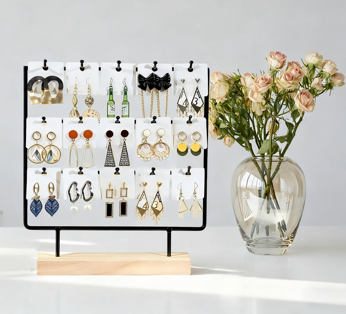 sanbeitang Earring Display Stand for Vendors, 3 Tier Black Wood Earring Rack with 15 Hooks, Stand Holder for Selling for Earring Keychains