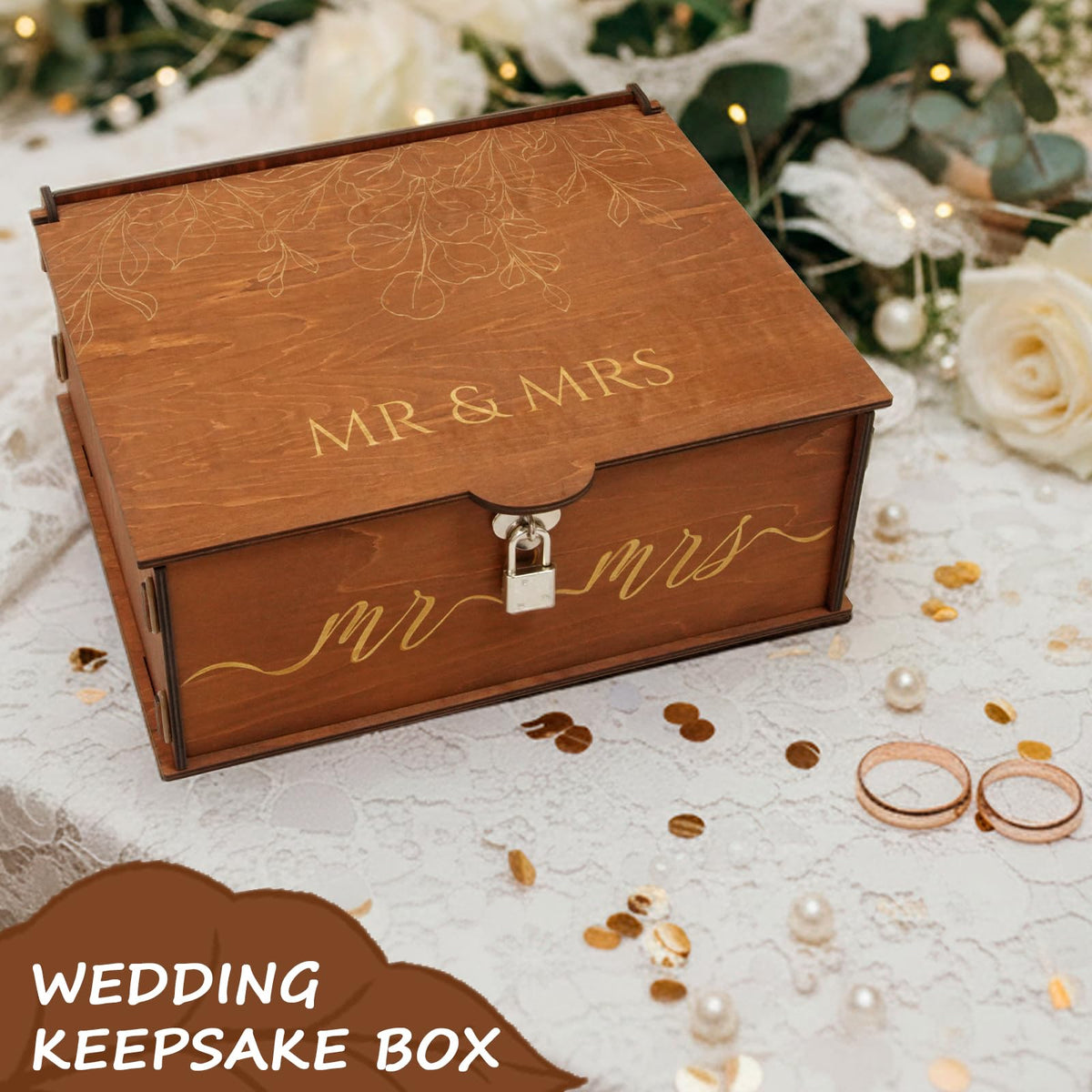 OurWarm Wedding Keepsake Box with Lock, Large Wooden Memory Box for Keepsakes, Wood Decorative Photo Storage Boxes with Lids, Mr and Mrs Personalized Anniversary Engagement Gifts for Couples