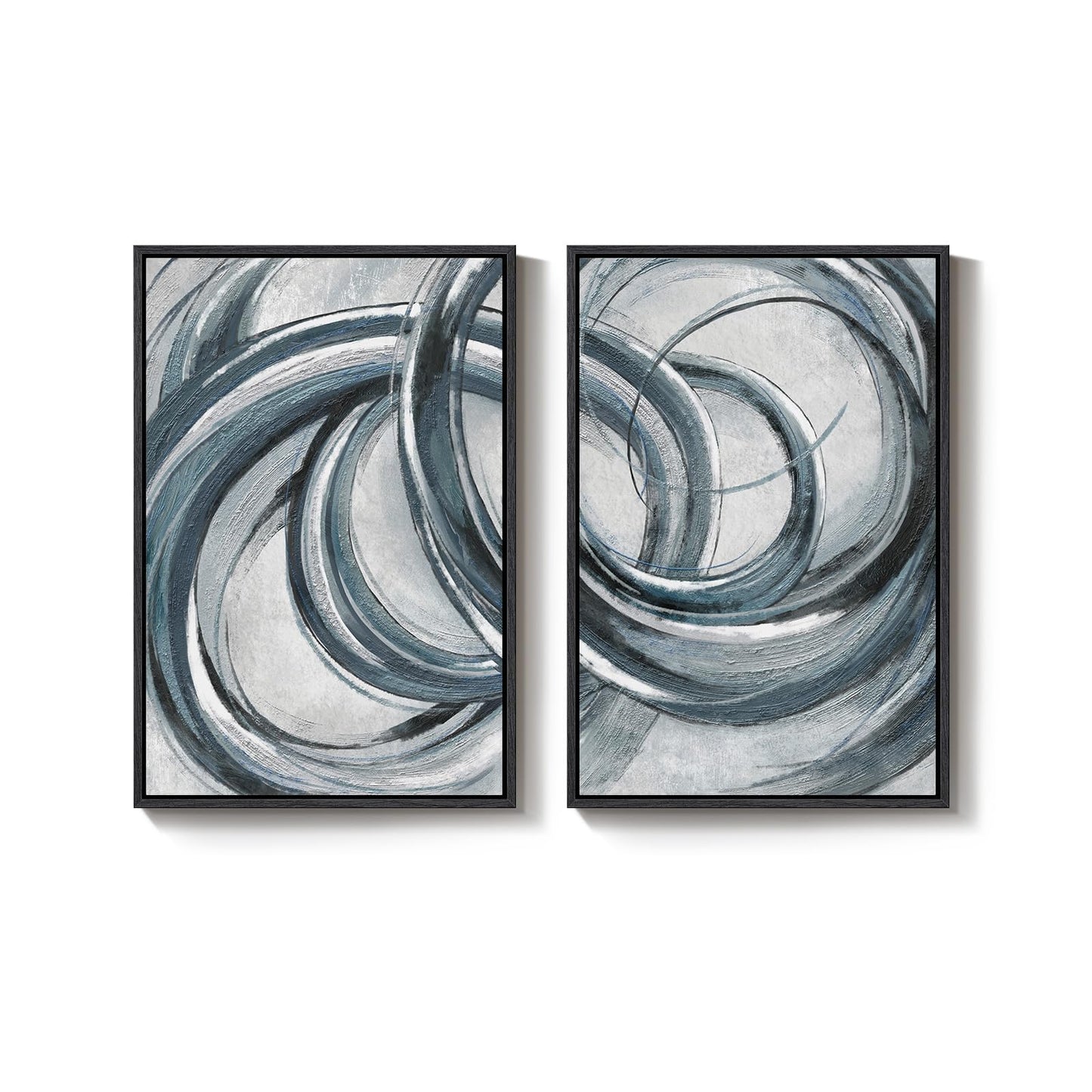 Framed Blue Gray Abstract Wall Art Set of 2, Modern Circle Line Canvas Artwork for Walls, Contemporary Abstract Paintings Prints for Living Room Bedroom Office Hallway Wall Decor, 24x36 In