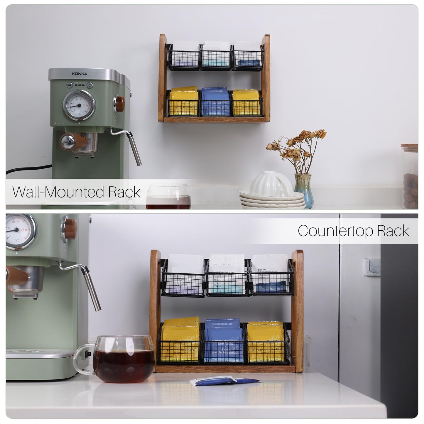 HTB 2 Tier Tea Organizer for Tea Bags, Tea Bag Holder with Acacia Wood Stand and 6 Removable Metal Basket for Sugar Packets, Sweeteners, Creamers for Cabinet, Countertop or Wall-mounted