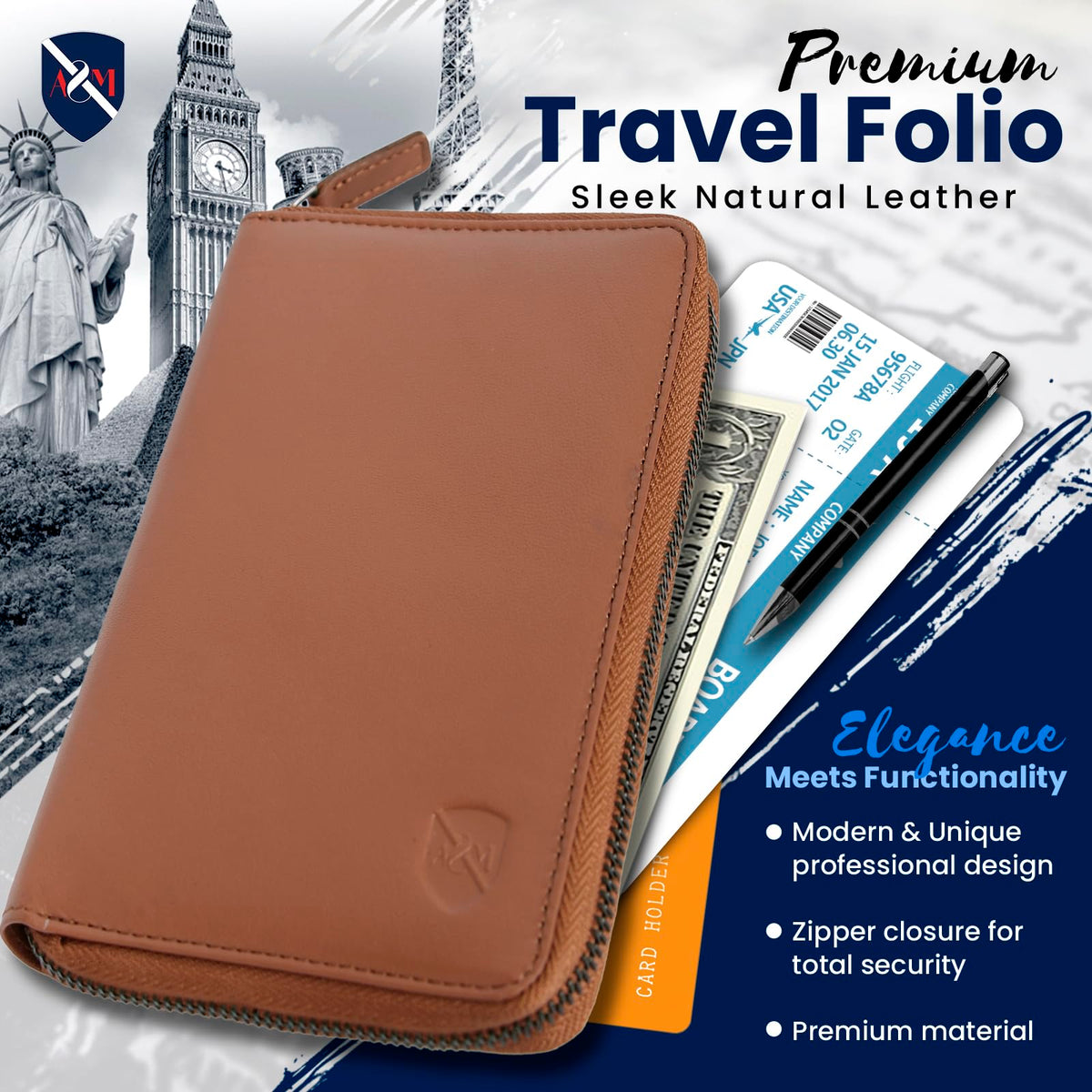ALLEN & MATE 100% Leather Passport Holder for Travel RFID Blocking Passport Wallet for Men & Women - Zippered Compact Travel Document Organizer Fits Passport, Cash, Cards, SIM, ID and Tickets