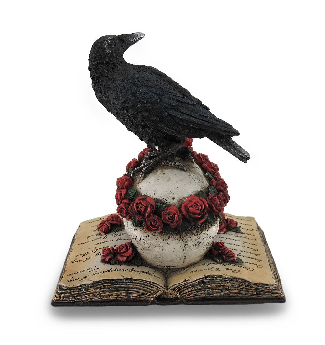 Zeckos Mystical Raven on a Rose-Covered Skull Hand Painted Resin Statue -,Perched Upon 'The Raven' Poetry Book - an Artistic Fusion of Macabre and Literary Allure