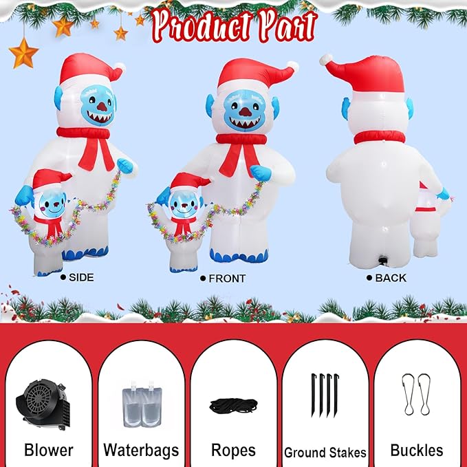 8FT Christmas Inflatables Yeti Family with Santa Hat, Christmas Blow up Yard Decoration Inflatable Snowman Monster Built-in 4 LED for Christmas Decorations Outdoor Indoor Xmas Gifts