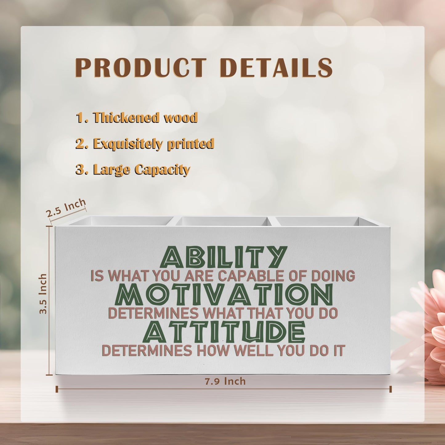 FITIE Motivational Office Pencil Pen Holder for Desk, Ability Motivation Attitude Wooden Pencil Holder Organizer for Home Office Desk Accessories, Encouragement Gifts for Women