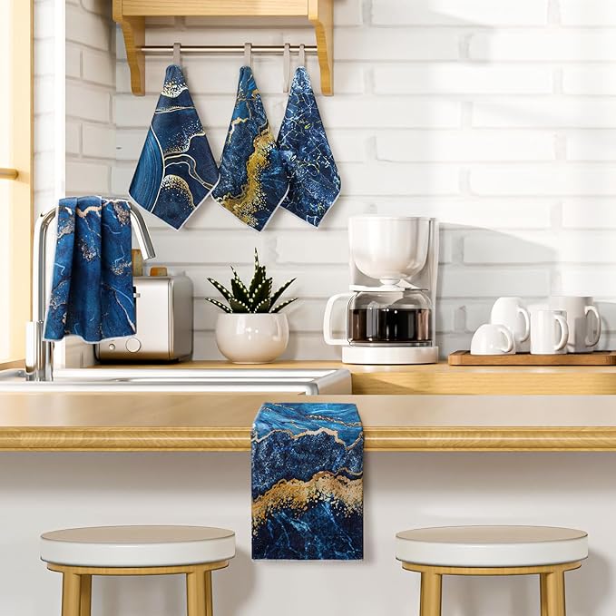 Boyiee 6 Pcs Marble Hand Towels Blue and Gold Towels Navy Blue Kitchen Towel