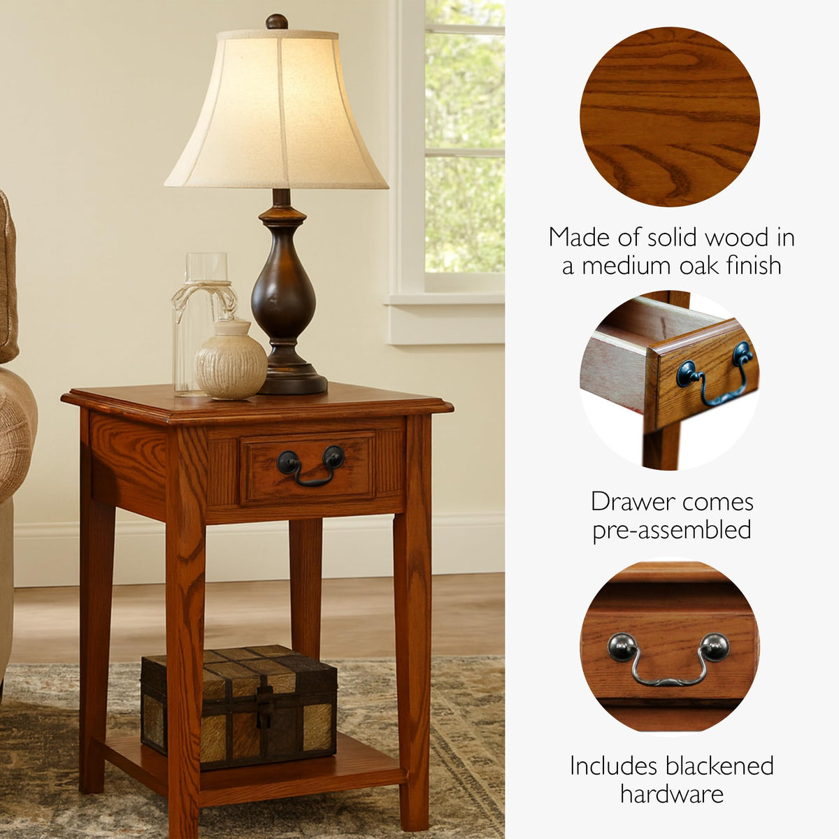 Haven Ridge Solid Wood Square Side Table with Drawer and Shelf, Medium Oak Brown, Perfect for Living Rooms, Bedrooms, and Small Spaces – Leick Home, 9041-MED