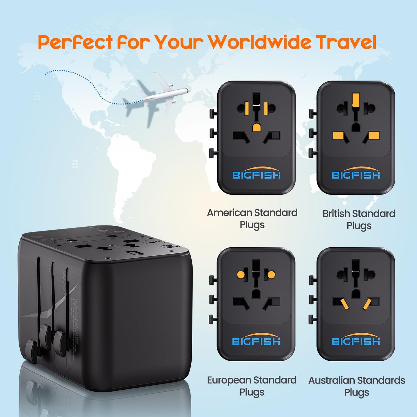 Bigfish Universal Travel Adapter, Worldwide Travel Plug Adapter with 2 USB A and 2 USB C, Dual 10A Fuses All In One International Travel Adapter - EU UK US AUS Plugs