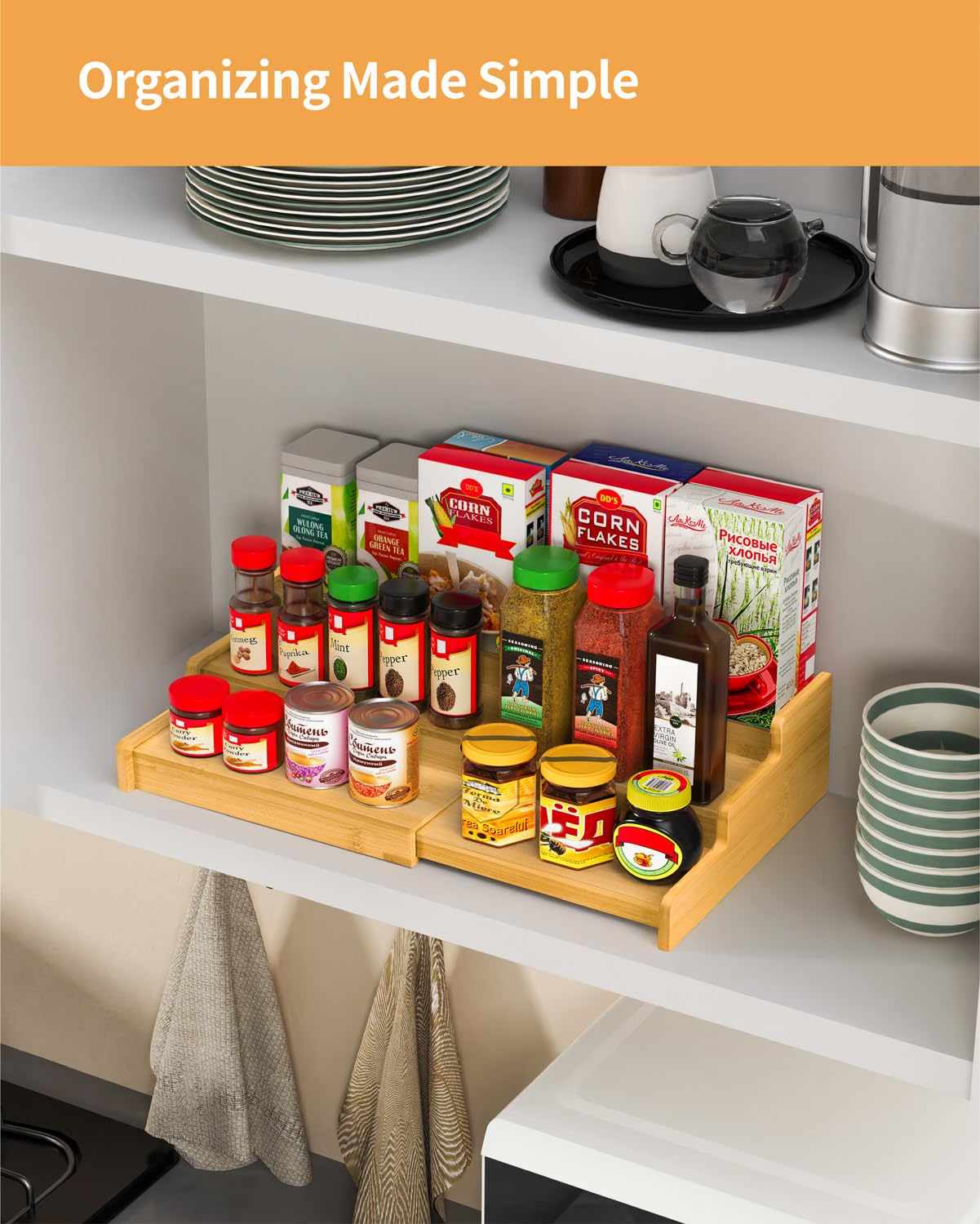 VenDotbi Spice Rack, 3-Tier Expandable Bamboo Spice Rack Organizer for Cabinet - Kitchen, Pantry and Cupboard Storage Organizer