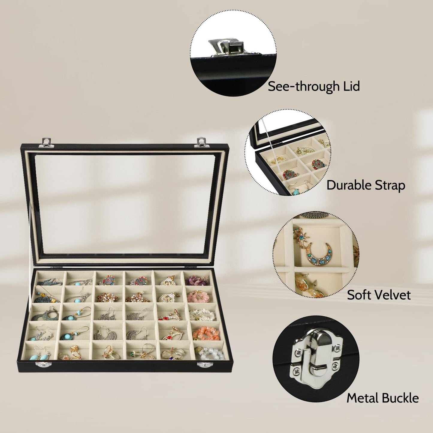 Stratalife Earring Organizer Jewelry Holder Organizer Drawer Earring Storage Jewelry Tray with Clear Lid Ring Box for Women Girls Anti Tarnish 30 Grid (Beige Black)