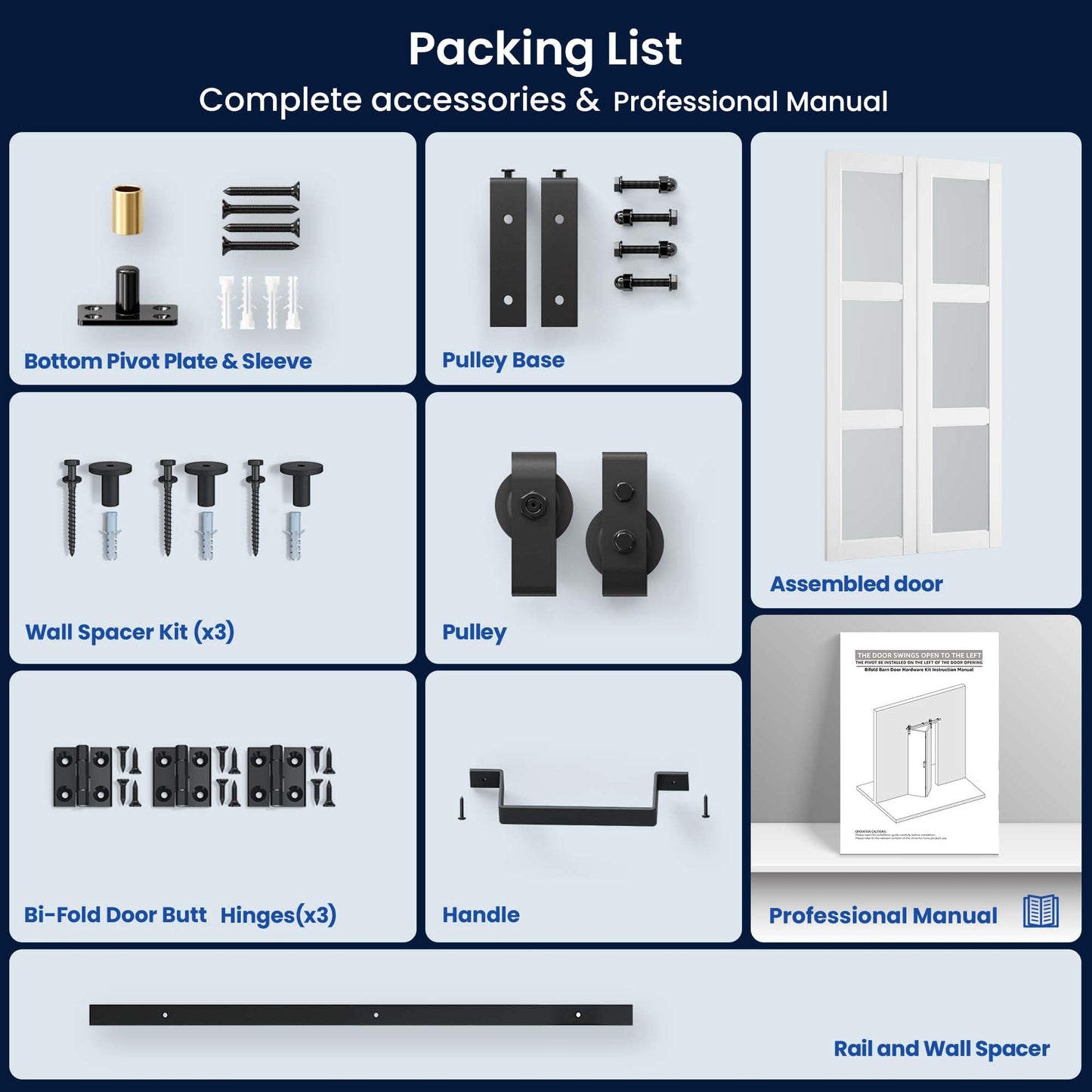 SMARTSTANDARD 30in x 84in Bifold Barn Door, Frosted Glass Barn Door with Hardware Kit Included, Pre-Drilled Holes Easy Assembly -Solid Barn Doors Slab Covered with Water-Proof PVC Surface, White