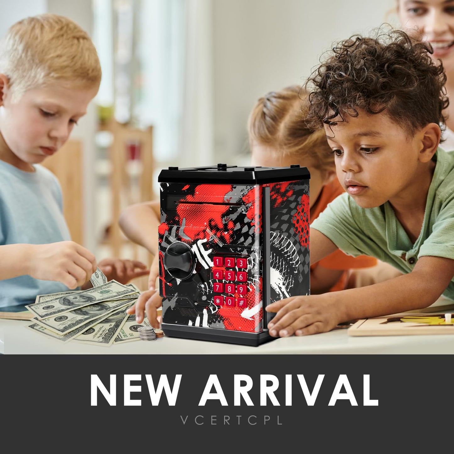 ATM Piggy Bank for Boys Girls, Vcertcpl Mini ATM Coin Bank Money Saving Box with Password, Kids Safe Money Jar for Adults with Auto Grab Bill Slot, Great Gift Toy Bank for Kids
