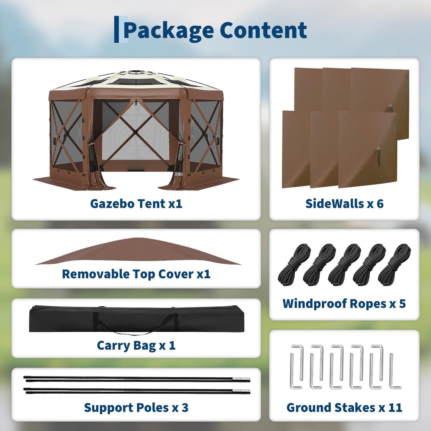 GarveeLife 11.5x11.5FT 6-Sided Pop Up Gazebo Tent,One-Push Setup Canopy Tent with Mesh Panels & Removable Wind Cloths, Outdoor shelter for Camping, Backyard Parties, Outdoor Events - Beige & Khaki