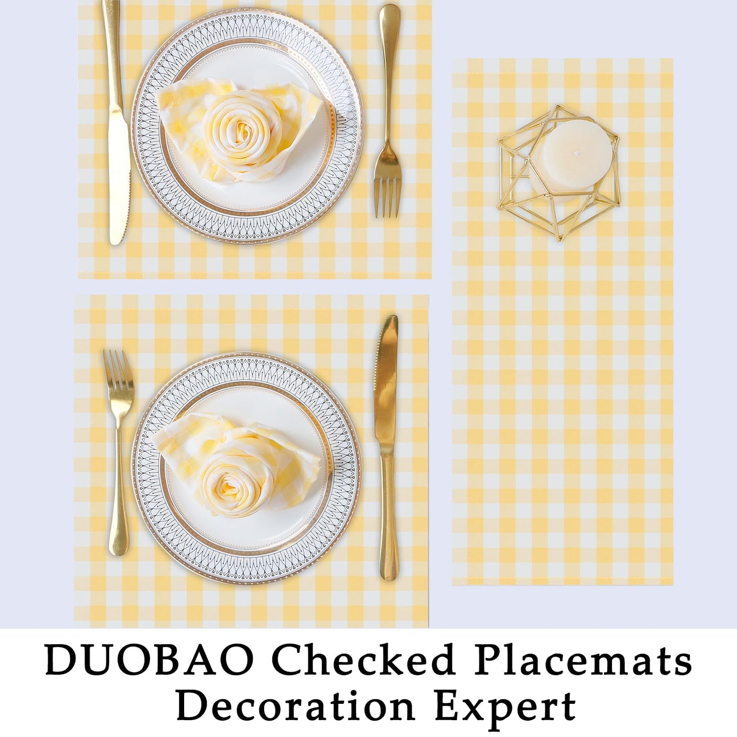 DUOBAO Plaid Checkered Placemats Set of 4 | 18x12 Inch Holiday Table Mats for Christmas, Weddings, Family Dinners | Machine-Washable Yellow Design