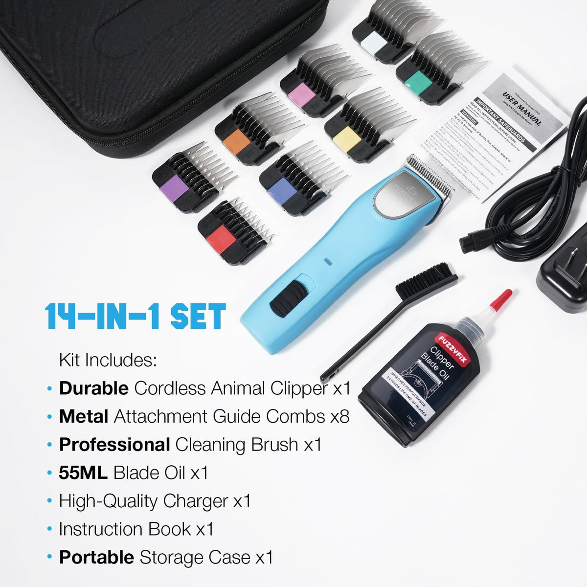 FuzzyFix Professional Dog Clippers for Grooming - 2 Speed for Thick Curly Matted Coats, Low Noise Cordless Pet Hair Trimmer with Detachable A5 Blade & Metal Guide Combs Kit for Horse Animal Breeds