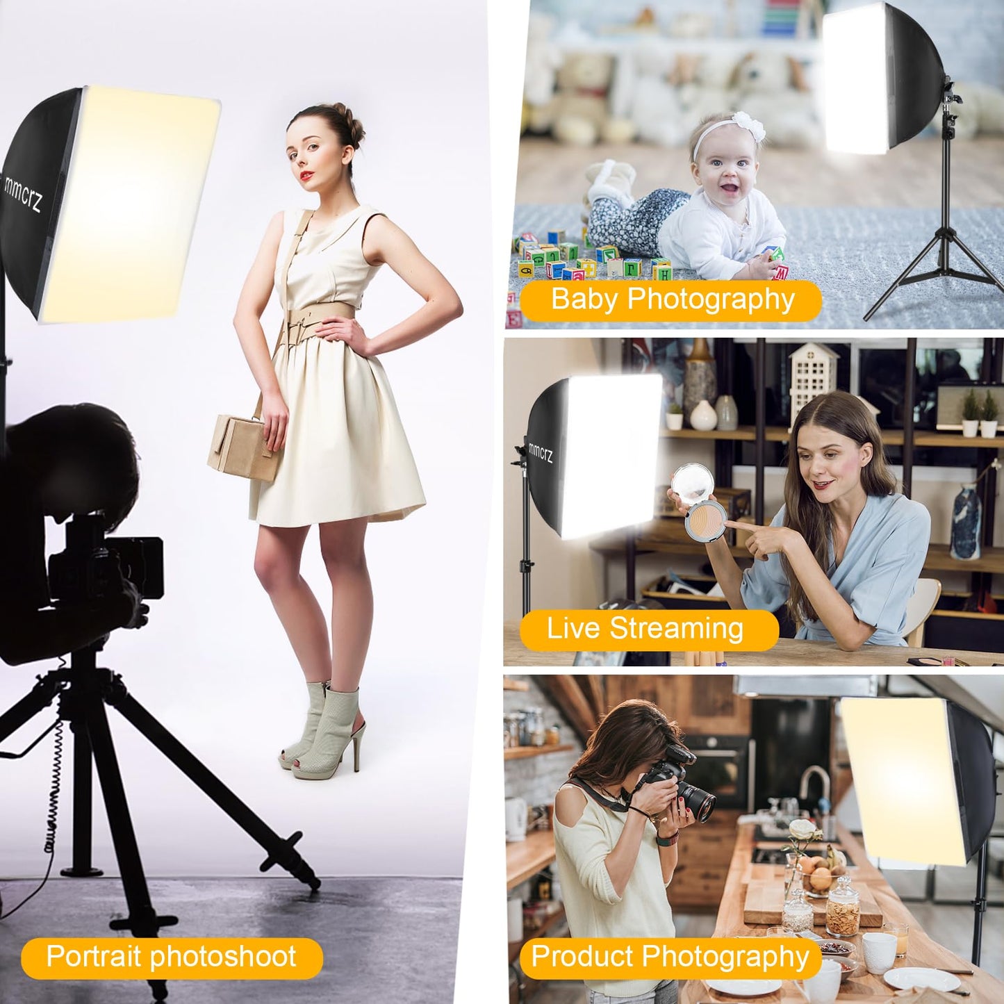 mmcrz 2Pack Professional Softbox Lighting Kit, 16'' x 16'' Studio Lights with 85W 2700-6500K E27 LED Bulbs, Continuous Lighting for Photography/Video Recording/Live Streaming