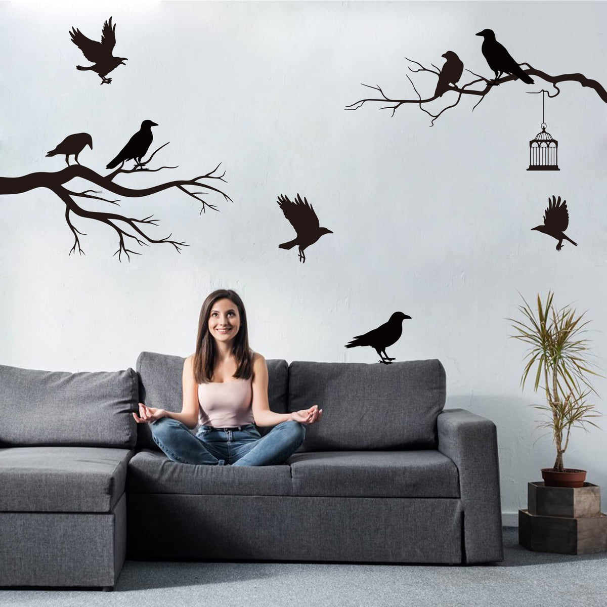 SUPERDANT Raven Wall Sticker Crow Gothic Wall Decals Tree Branch Crows Stickers Black Birds DIY Art Decorations for Family Home Living Room Bedroom TV Background Halloween Decor Vinyl Transfer