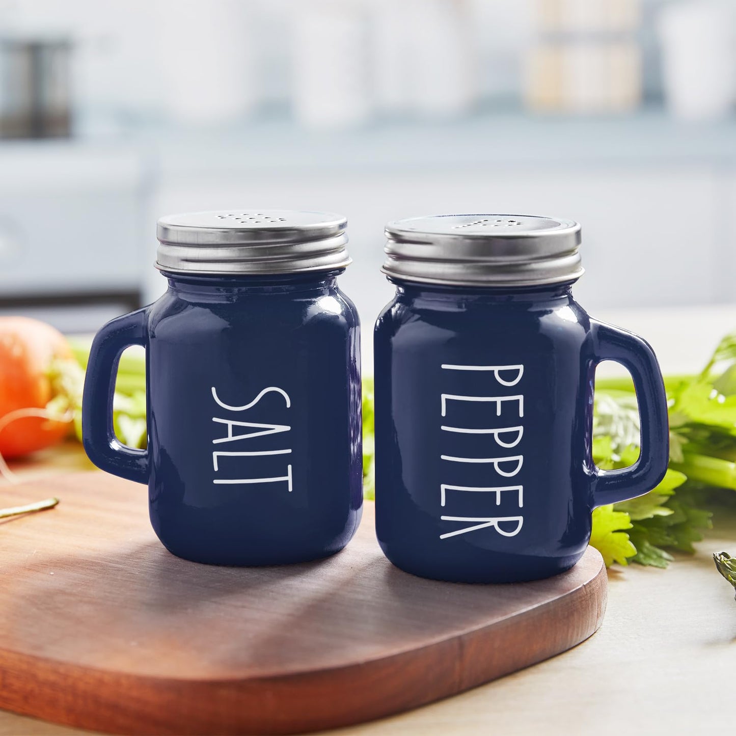 Navy Blue Salt and Pepper Shakers Set, 4 oz Cute Modern Glass Shaker Sets with Stainless Steel Lids, Blue Kitchen Decor and Accessories for Home Restaurants Weddings