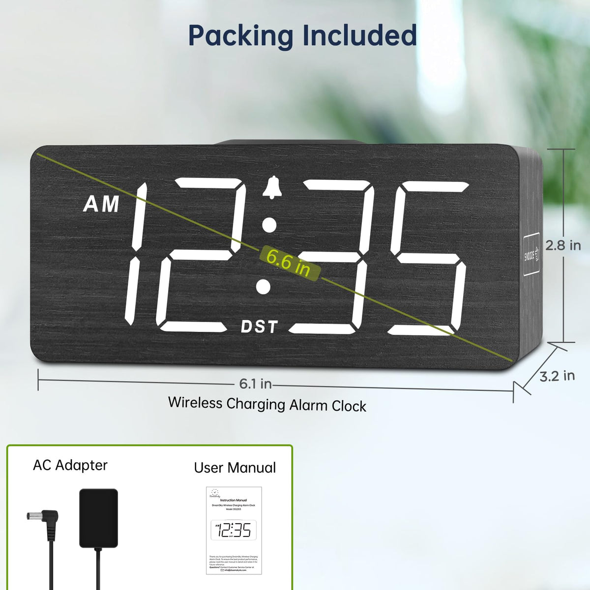 DreamSky Wooden Digital Alarm Clock with Wireless Charging for Bedroom, Bedside Nightstand Clock with Charger Station, USB Port, Large Numbers, Adjustable Volume, Brightness Dimmer, DST