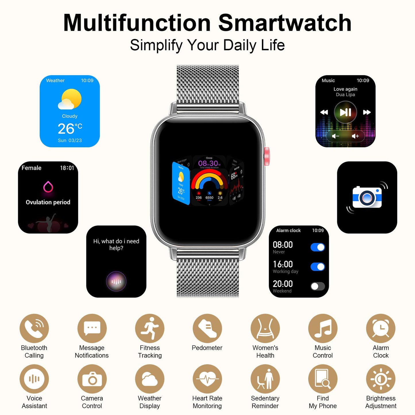 Smart Watch for Women (Answer/Make Call), 1.85" HD Touch Screen Fitness Tracker with 4 Bands, 120+ Sports Modes, IP68 Waterproof, Heart Rate & Sleep Monitor, Gift Smartwatch for Android/iOS, 300mAH