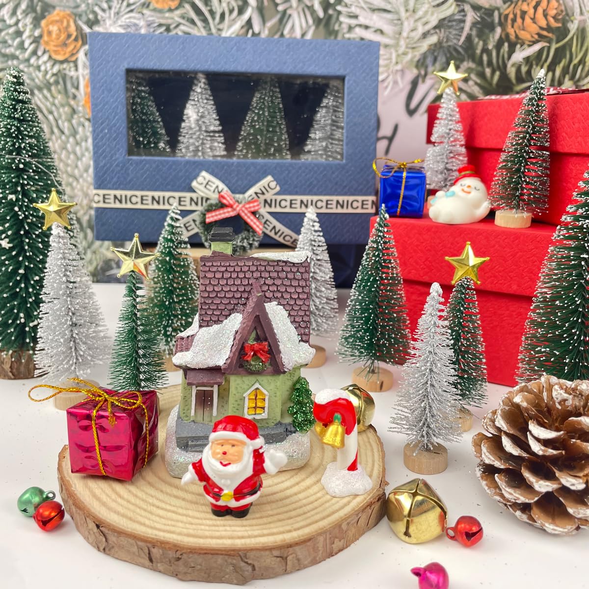 NotiGat Miniature Christmas Pine Tree mini Bottle Brush Christmas Trees Table top Village Winter Tree for Christmas Decorations Wooden Bases (36pcs)