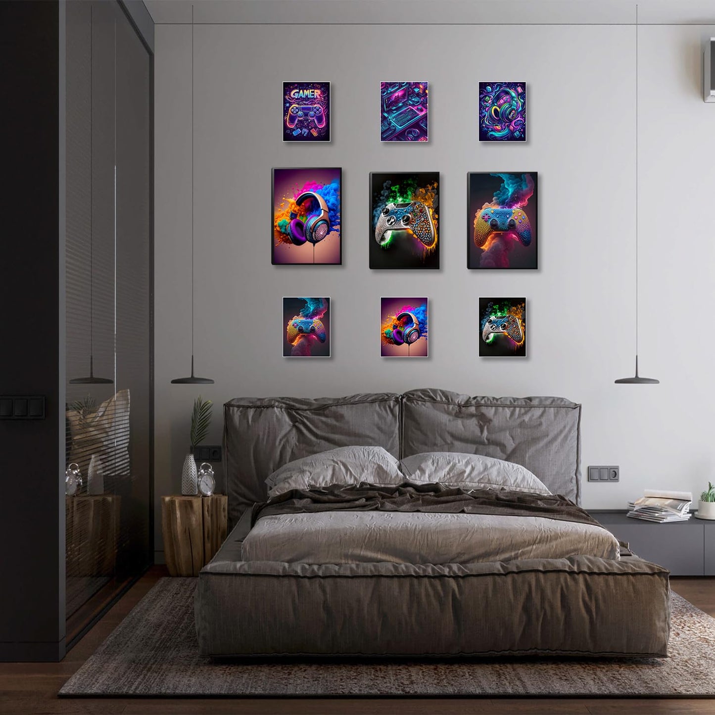 SEHSUVC Game Room Canvas Wall Art, 16x12inch 3-Piece set Wood Framed + 6 Pcs 8ร10 Posters Prints, Neon Gaming Accessories Theme Gamer Wall Decor Gifts for Boys Youth Children Bedroom Home Decor