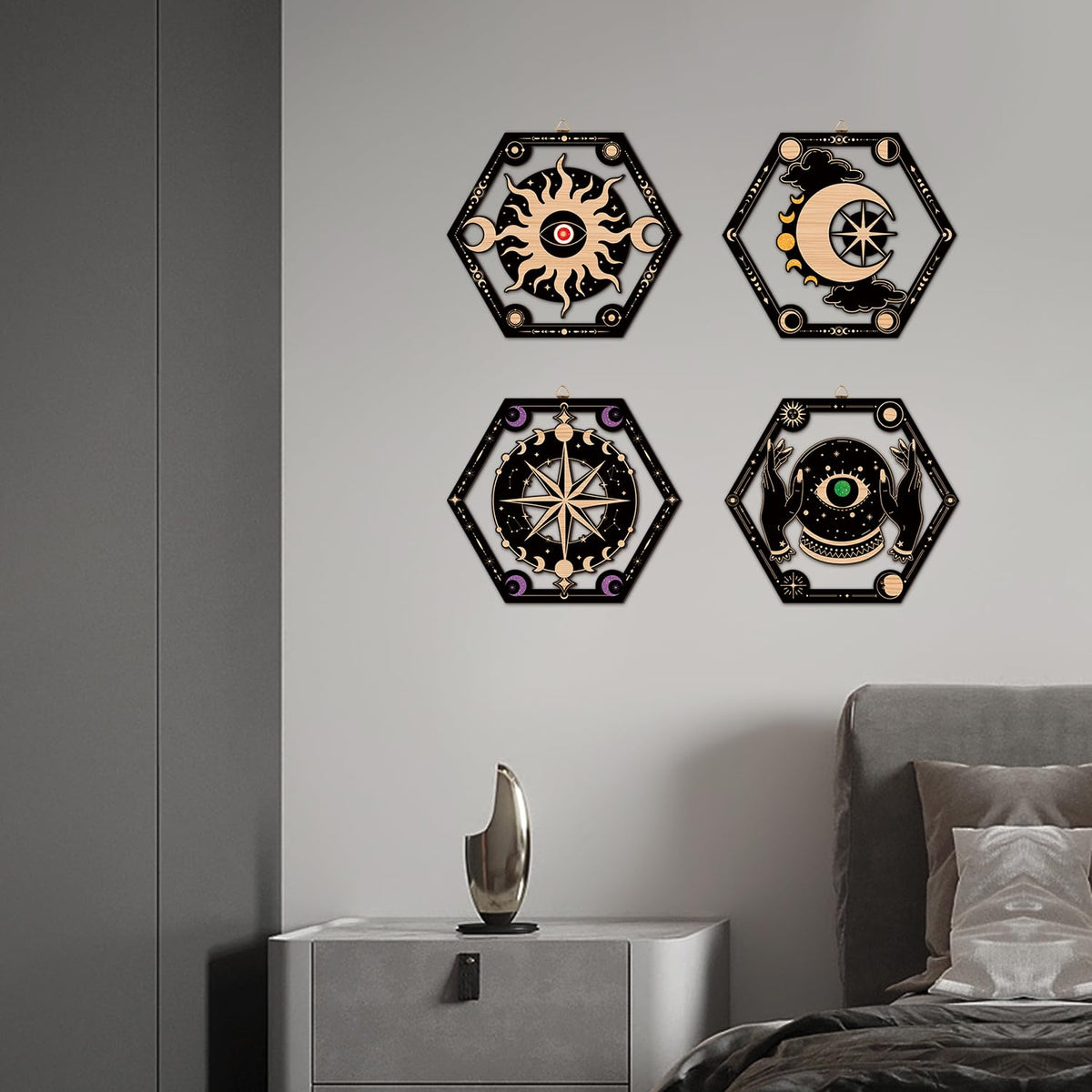 CHDITB 4Pcs Wooden Witchy Sun Moon Star Tarot Wall Art, Mystical Wizards Celestial Laser Cut Hollow Artwork Hanging Sign, Moody Boho Gothic Astrology Aesthetic Home Decor for Bedroom Living Room(10"x9")