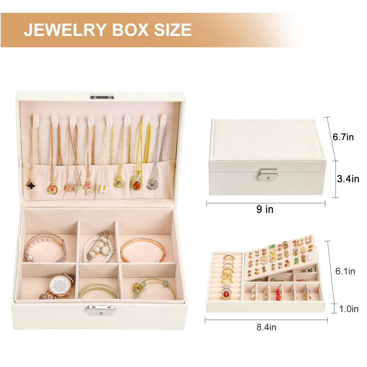 Jewelry Box Organizer for Women Girls 2 Layer Leather Travel Jewelry Storage Case with Lock and Removable Tray for Necklace Earrings Rings Bracelets Gift, Come with Polishing Cloth and Jewelry Bags