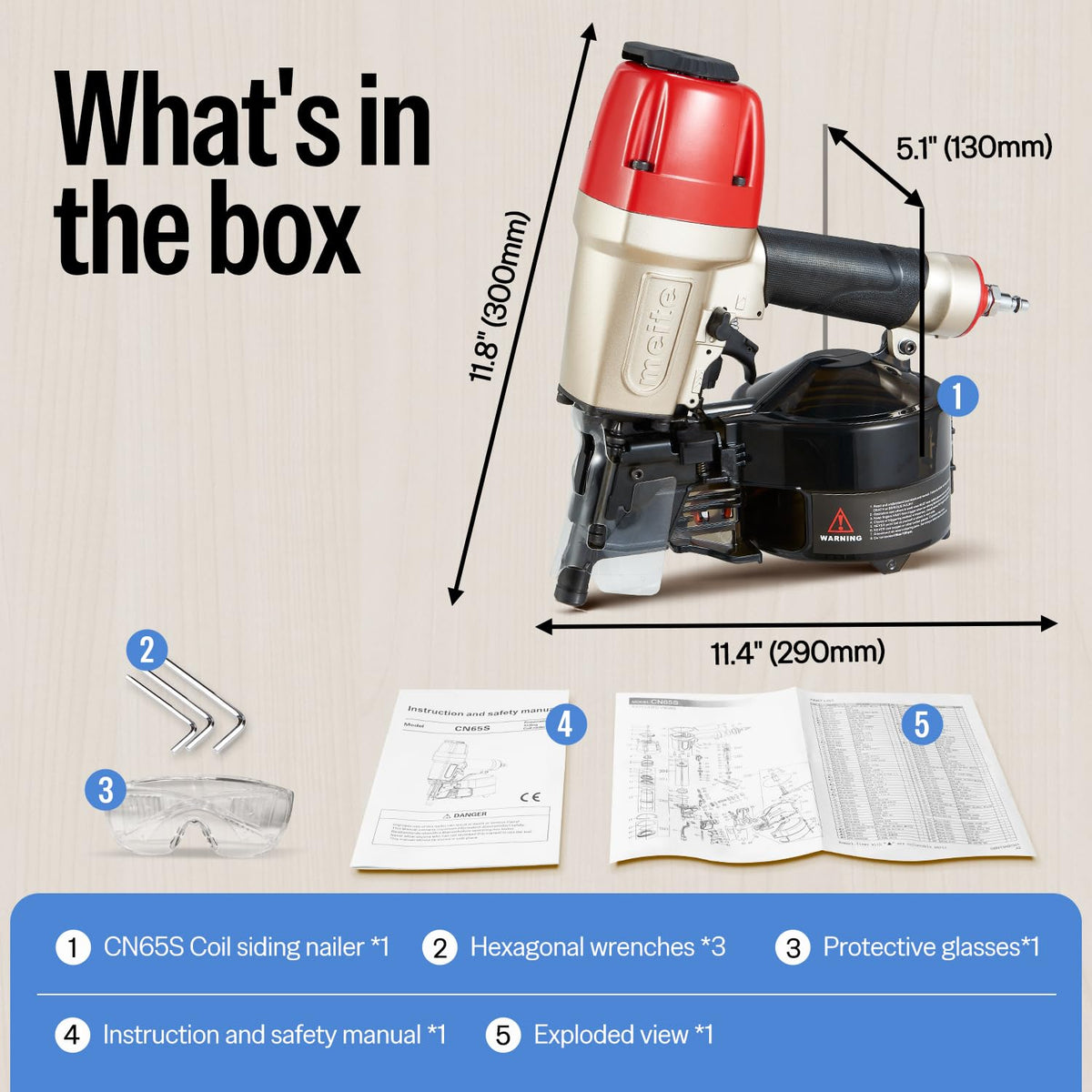 meite CN65S Coil Siding Nailer - Pneumatic Nail Gun with 360° Exhaust & Safety Lock, Professional Air Coil Nailer Lightweight Fencing & Decking Tools, Accepts 15 Degree 1-1/2'' to 2-1/2'' Coil Nails
