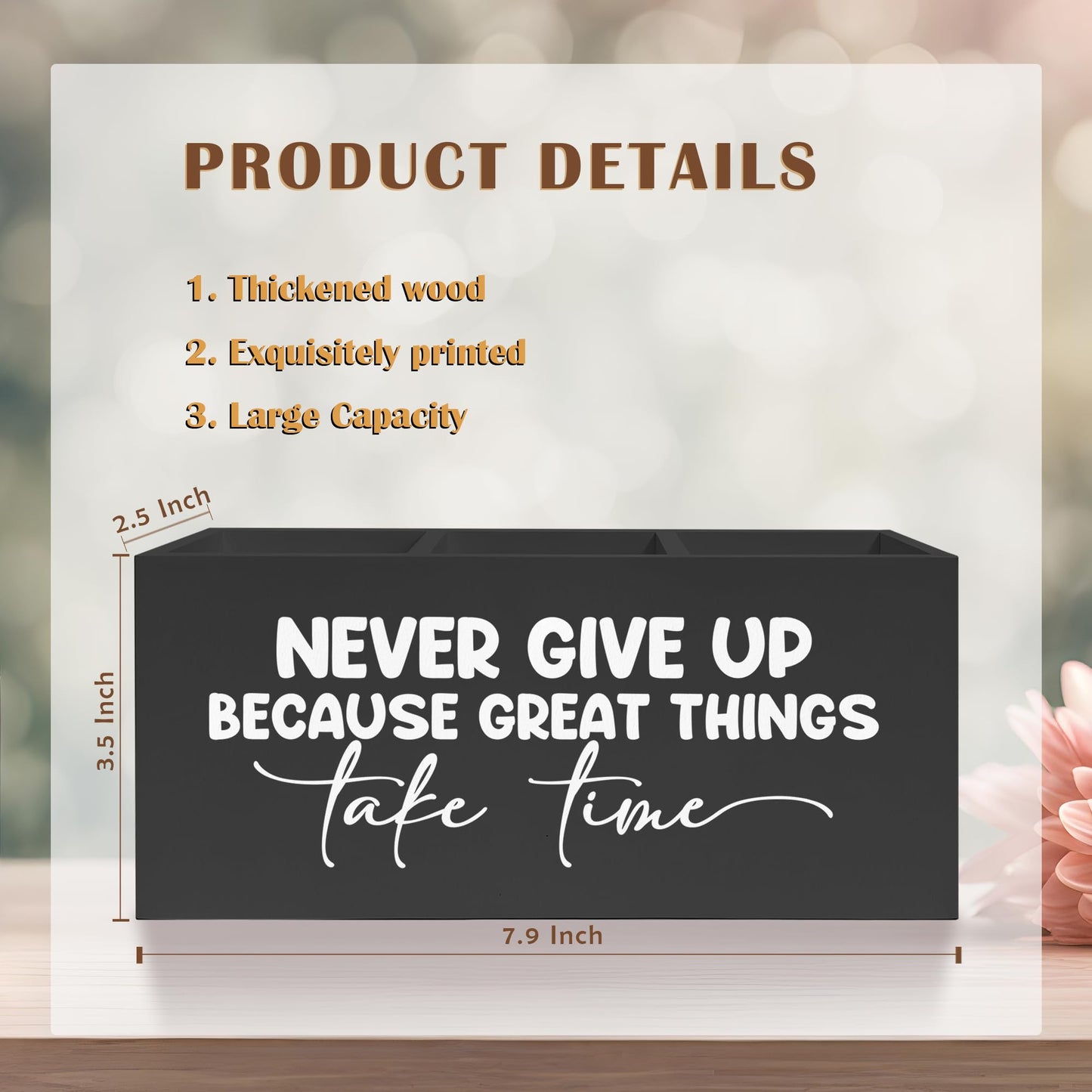 FITIE Inspirational Quotes Pencil Pen Holder for Desk, Never Give Up Because Great Things Take Time Wooden Pencil Holder Organizer for Home Office Desk Accessories, Gifts for Coworker