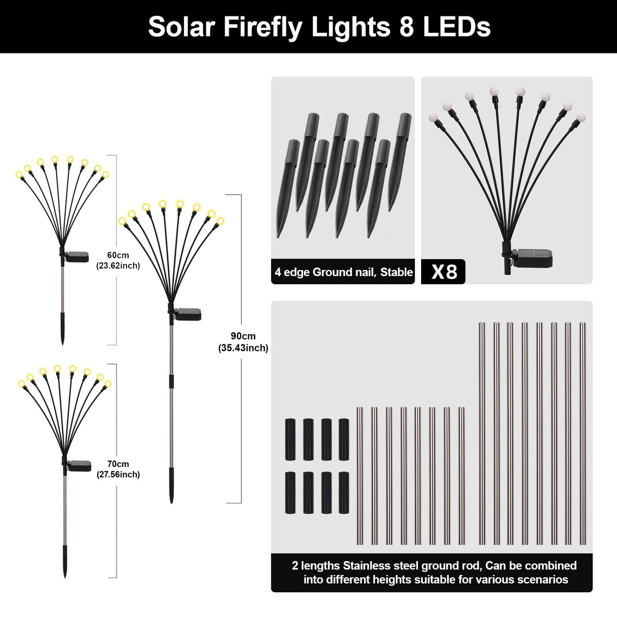 Petriveil Solar Firefly Lights Warm White, 8 Modes 800mAh Swaying Firefly Yard Lights Solar Powered Outdoor Waterproof for Outside Yard Patio Lawn Pathway Walkway Stake Christmas Garden Decor (8 Pack)