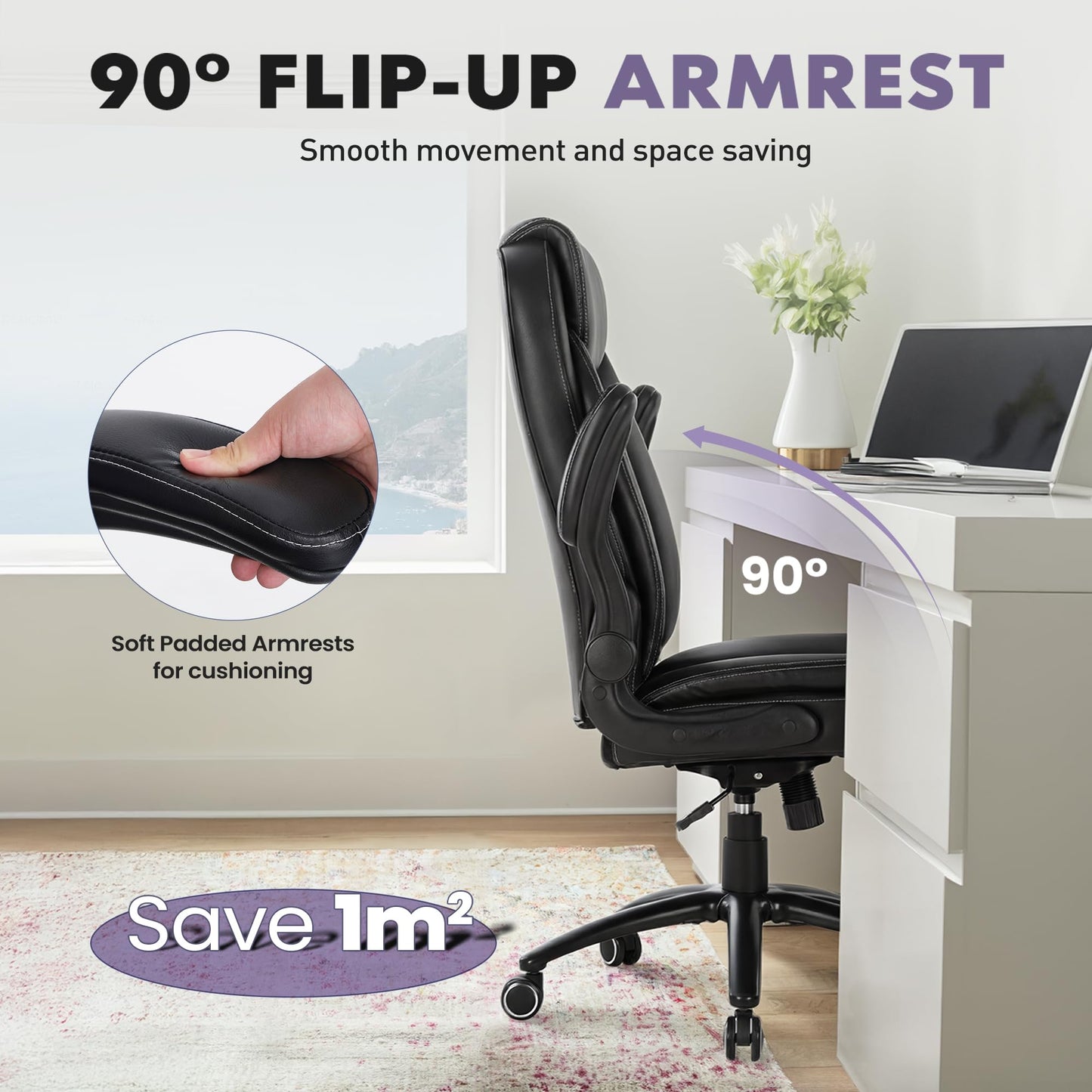 400lbs Capacity Executive Desk Chair Set of 2 with Ergonomic Lumbar Support, Flip-up Arms & High Back Leather Computer Chair for Home/Office, Black