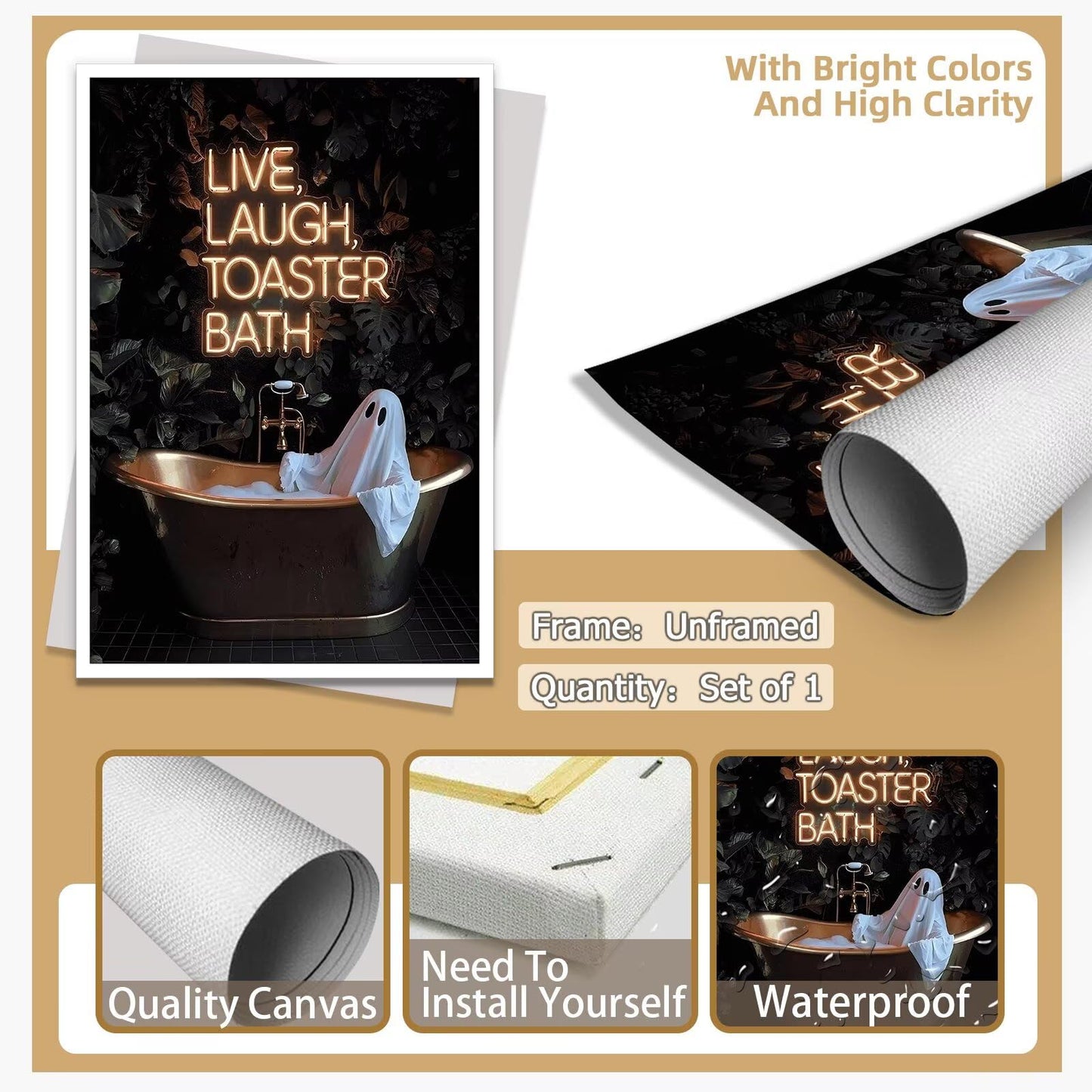 Live Laugh Toaster Bath Neon Poster Spooky Cute Ghost In Bathtub Wall Art Funny Halloween Gothic Dark Academia Canvas Print Vintage Quirky Painting Home Artwork Aesthetic 12x16inch Unframed