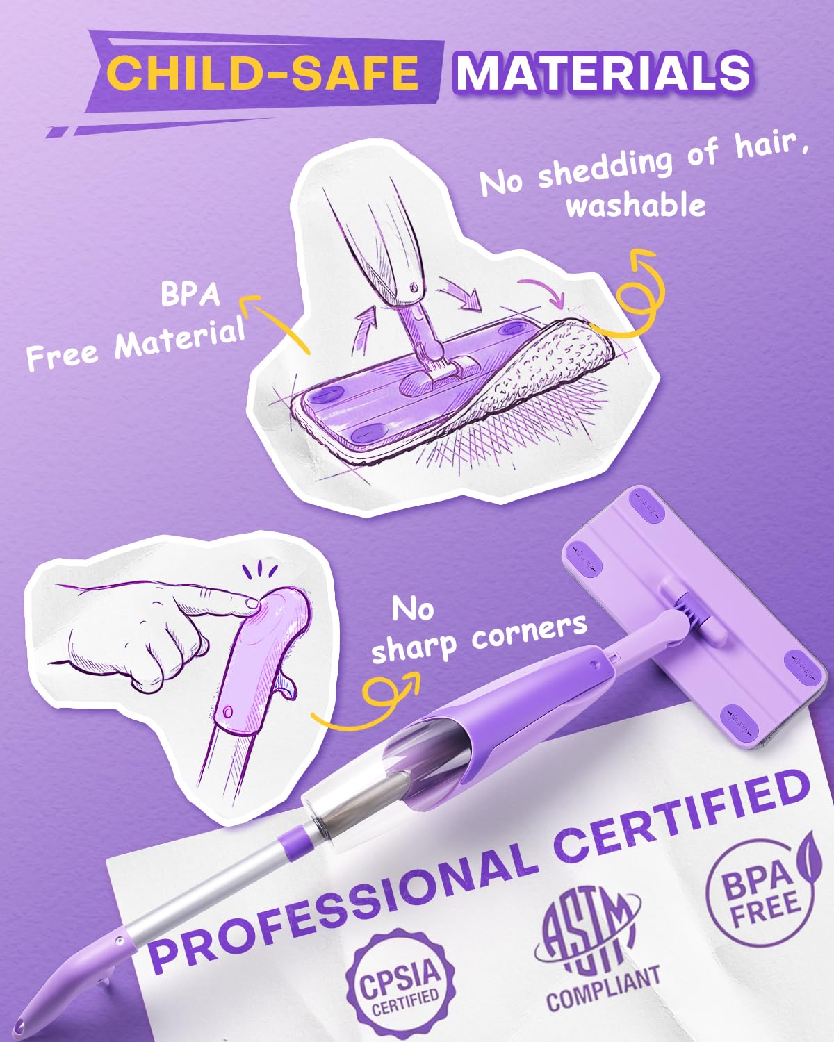 Purple Mini Spray Mop for Toddler-Montessori Cleaning Toy that Real Spray Water,Pretend Playhouse Essentials for Girls Ages 3-8,Toddler Educational Housekeeping Set