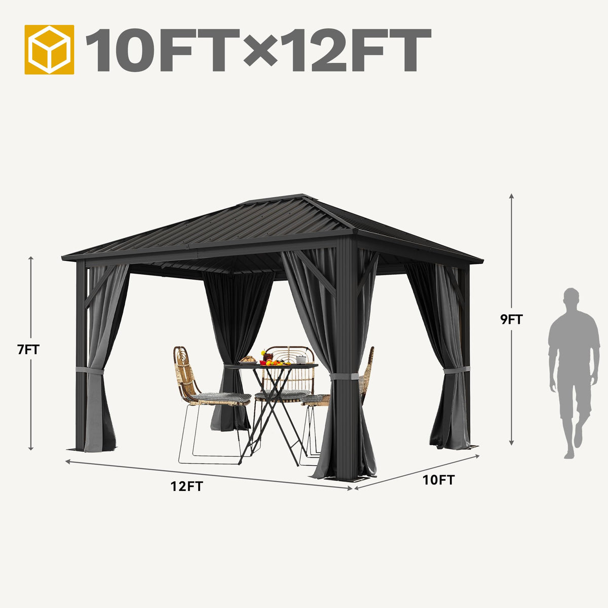 DWVO Gazebo Hardtop 10x12ft Single Roof Heavy Duty Canopy Galvanized Steel Outdoor with Nettings and Curtains for Patio, Backyard, Deck, Lawns, Grey