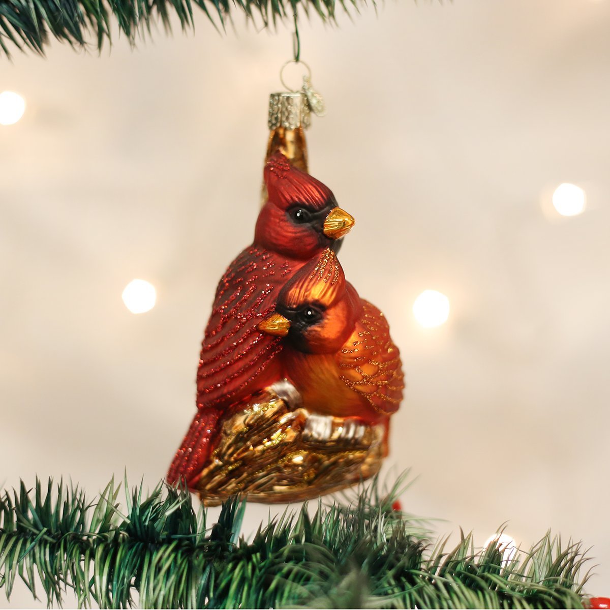 Old World Christmas Pair of Cardinals Glass Blown Ornament for Christmas Tree, Handcrafted Holiday Decoration, Bird Watcher Collection