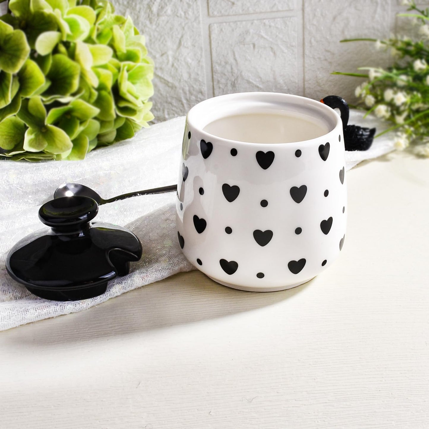 Cerficer Ceramic Sugar Bowl with Lid and Spoon, Decorative Sugar Jar for Coffee Bar, Cute Black Heart, Polka Dot Pattern or Salt Cellar, Modern Farmhouse Kitchen Decor