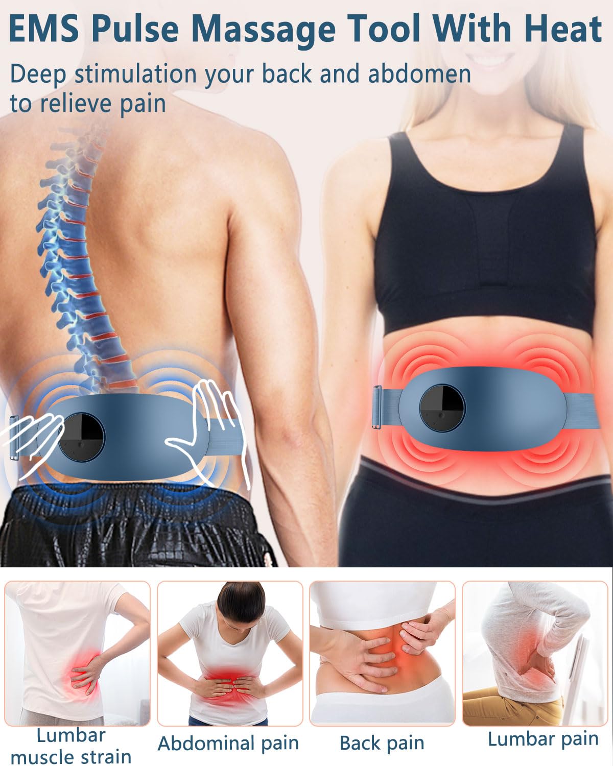 FWV Back Massager with Heat,Portable Cordless Heating Pad for Back Pain Relief Deep Tissue,Heated Lower Massager with 6 Modes&16 Levels,USB Heat Back Massage Tool Blue