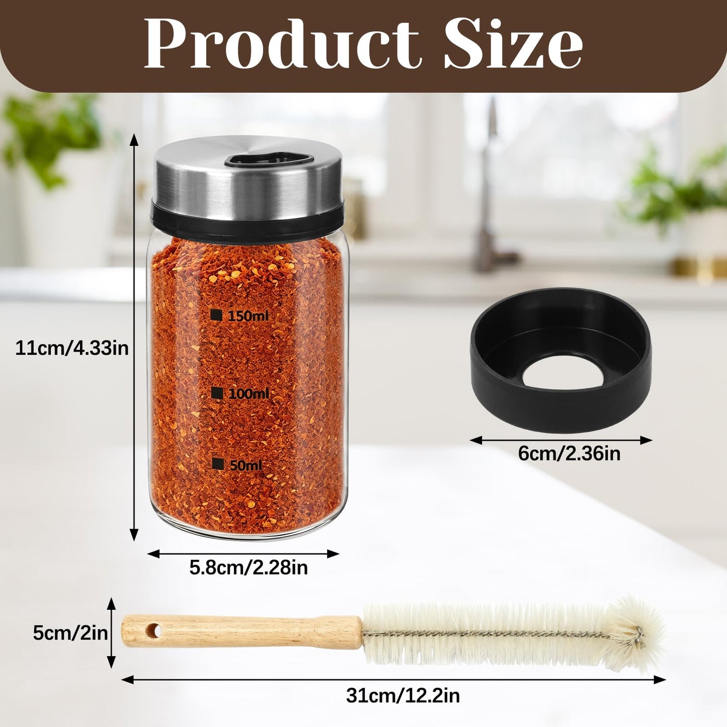 WRENYZK 4 Pcs 150ml Glass Salt Pepper Shakers with 4 Silicone Holders & 1 Brush, Spice Jars with Adjustable Pour Holes, Salt Dispenser for Seasoning Kitchen