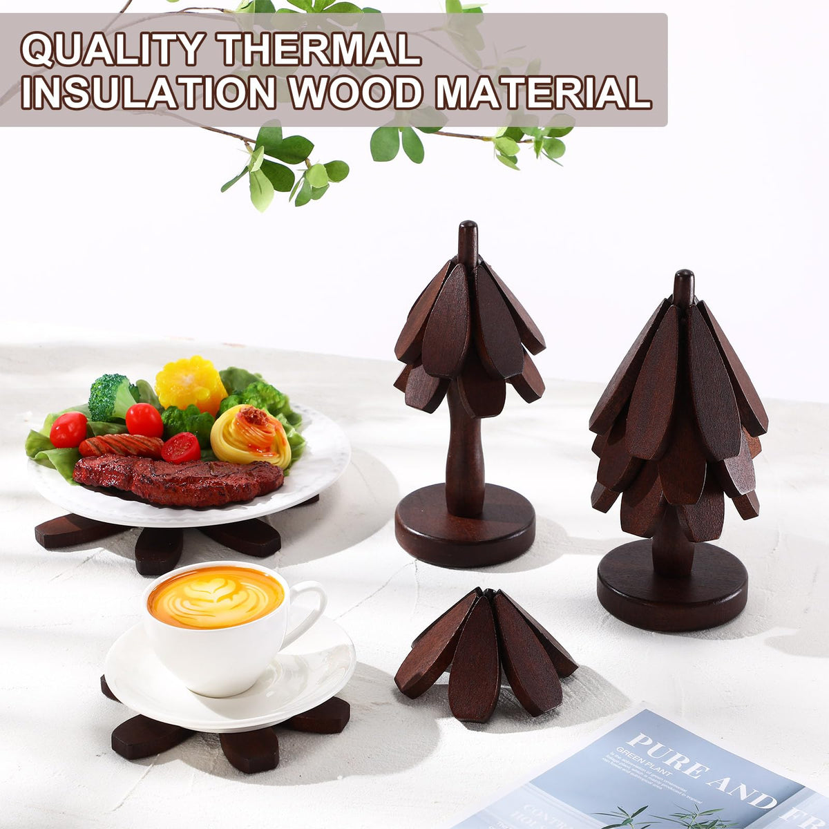 Wonderjune Tree Coasters Set of 8, Wooden Trivets for Hot Dishes, 2 Sizes Foldable Tree Shaped Trivets with 2 Stands, Decorative Kitchen Table Pad Mat Decor for Hot Pots, Pans, Cups(Walnut Wood)