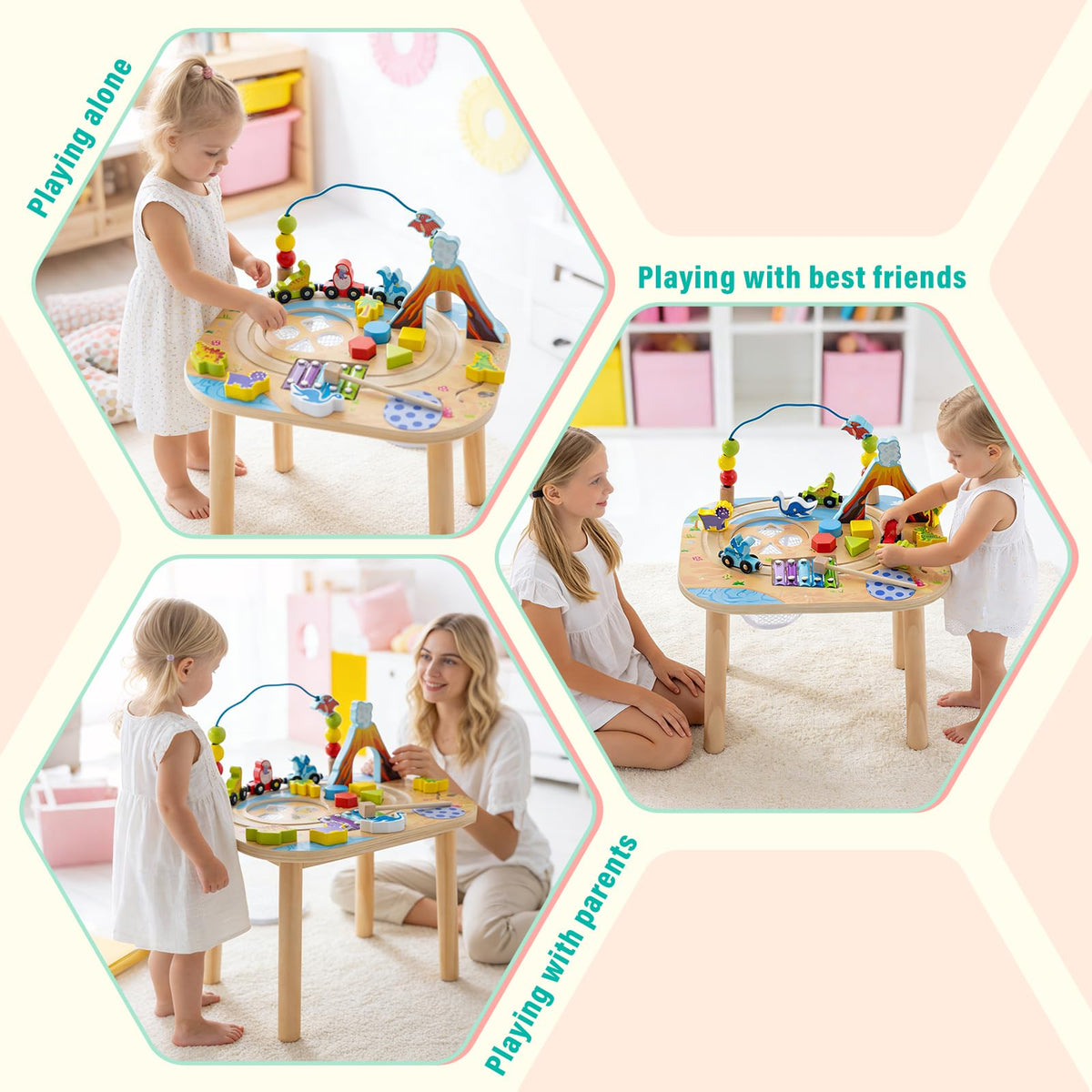Gewitt Montessori Activity Table for 1 Year Old, 9-in-1 Wooden Activity Table with Adjustable Height, Train, Shape Sorter, Xylophone, Baby Sensory Educational Learning Toys, Birthday Gift (Dinosaur)