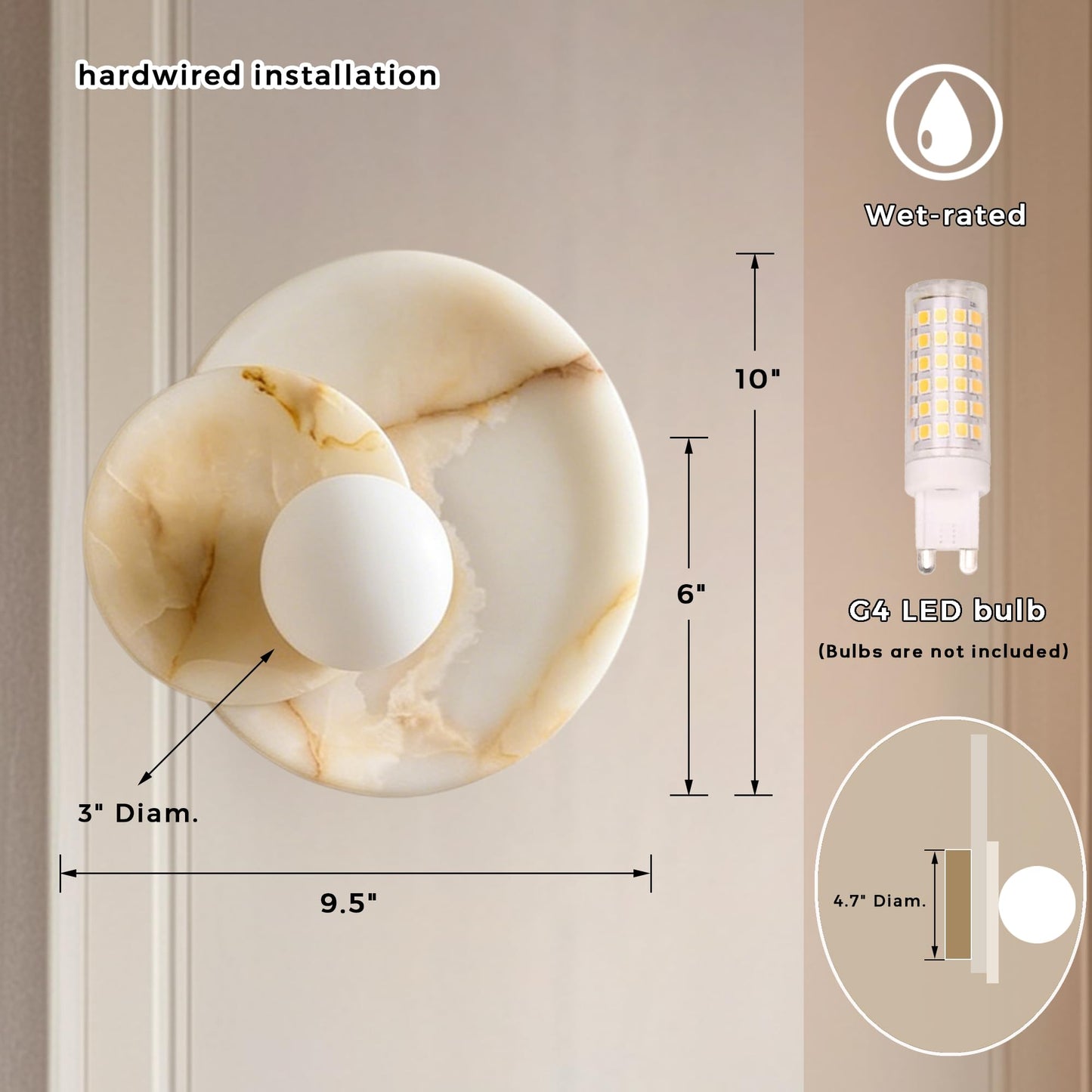 Opaline Cream Sculpture Wall Sconce, Natural Cream Onyx Wall Sconce, Wall Lights for Living Room, Bathroom, Bedroom, 6" Dia x 9.75" h