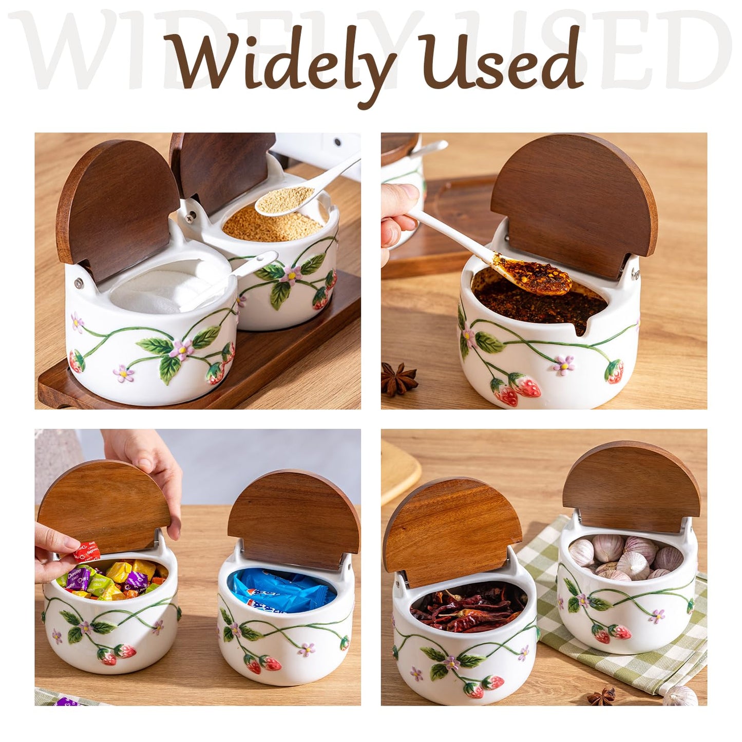 Salt Cellar, 13.5 oz Ceramic Salt Cellar with Lid and Spoon - Strawberry 3D Relief Design Seasoning Jar with Acacia Wood Lid, Suitable for Salt, Sugar, Pepper - Kitchen Countertop Storage Container