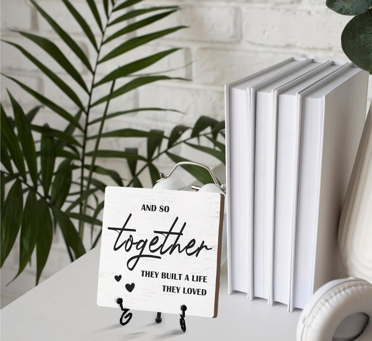 Home Desk Decor Sign, Rustic Wooden Sign With Stand, And So Together They Built A Life They Loved Sign For Farmhouse Home Living Room Bedroom Shelf Table, Family Friend Coworker -D14