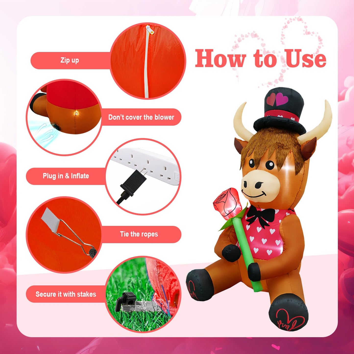 inslife 5FT Tall Valentine's Day Inflatable Highland Cow Holding a Rose, Blow Up Valentine's Day Outdoor Decoration Built-in 3 Led Lights for Wedding Propose Indoor Yard Party Supplies