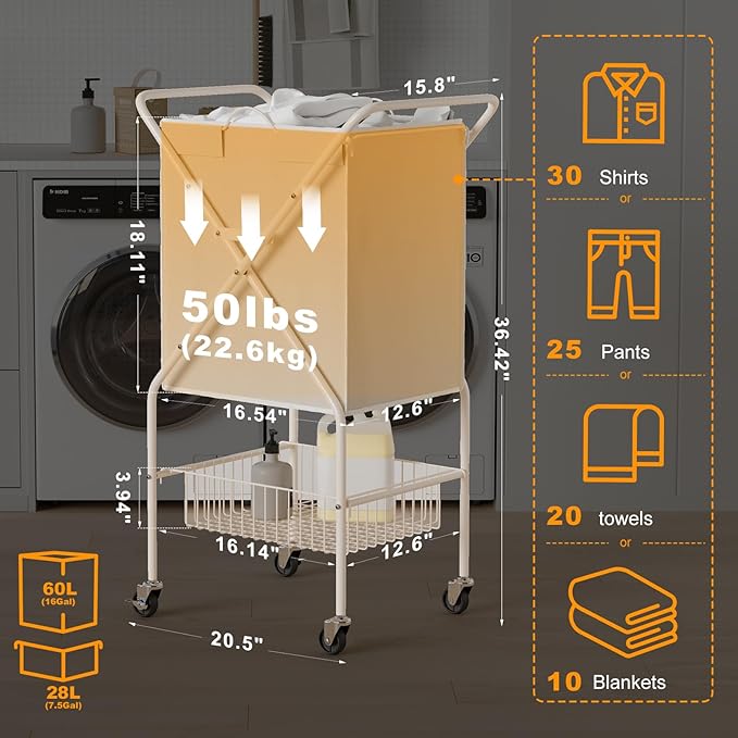 Laundry Basket with Wheels:88L Rolling Laundry Cart Foldable Metal Frame Dirty
